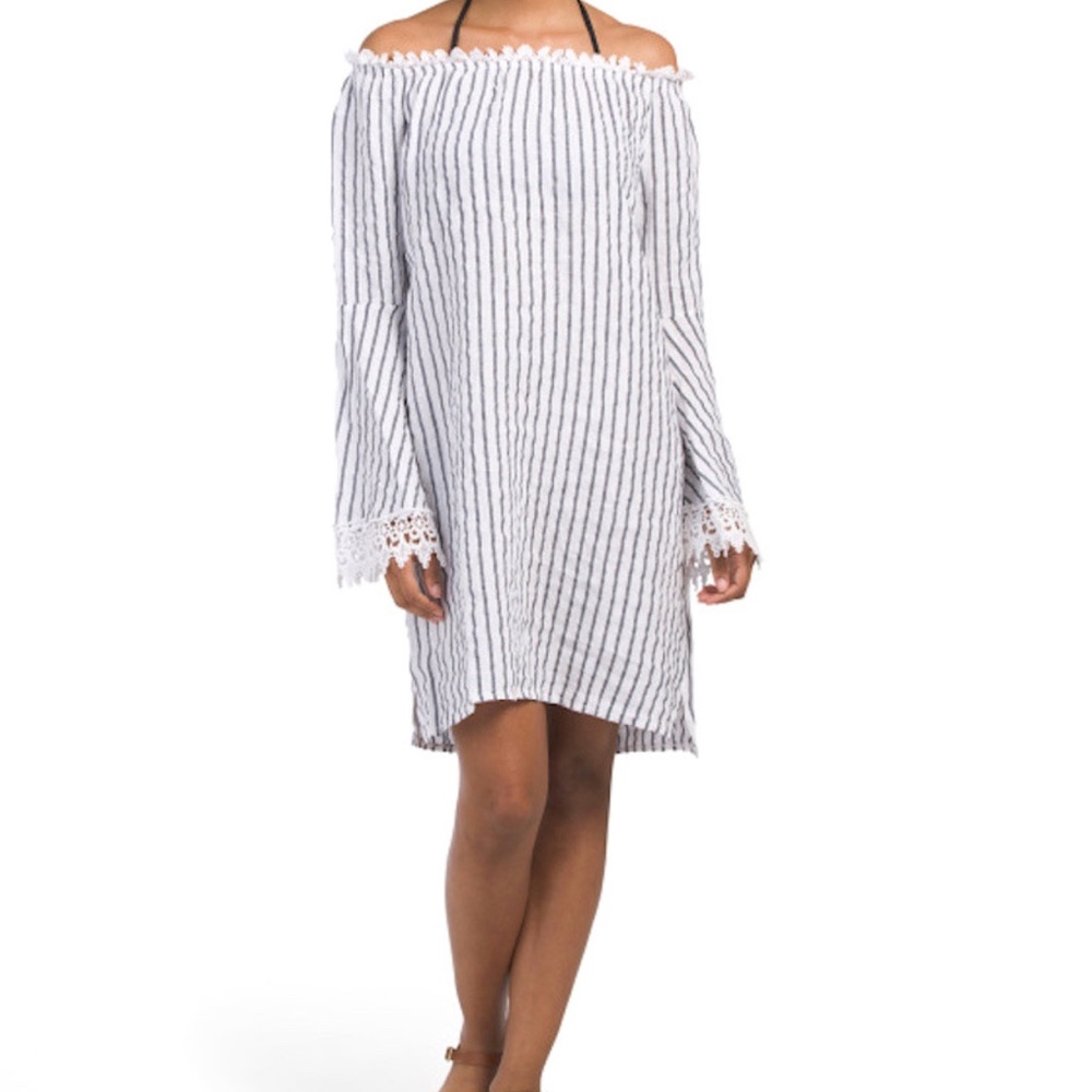 Lungo L’arno Linen Off Shoulder Dress Women’s Medium Made in Italy Striped White